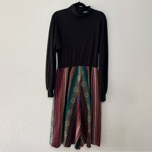 VTG Orvis Mock Neck Dress Aztec Patchwork Pockets Made USA Black Women's Size 12